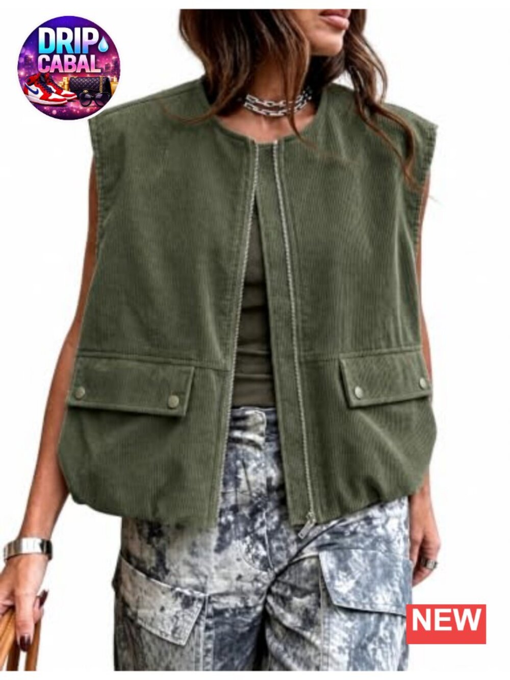 Corduroy Zip Up Vest Cropped Ruched Hem Sleeveless Jacket Oversized